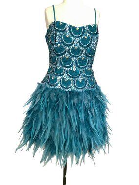 Jovani Teal Feathered Cocktail Dress With sequins & Beaded Scallop Bodice Spaghe